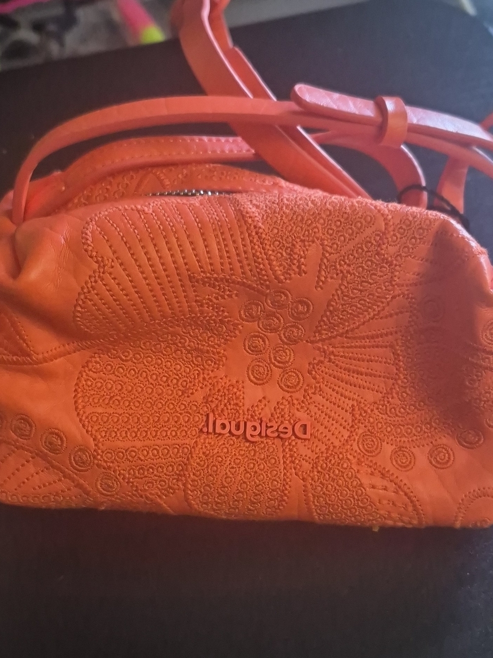 Desigual Orange Floral Embossed Leather Crossbody Bag